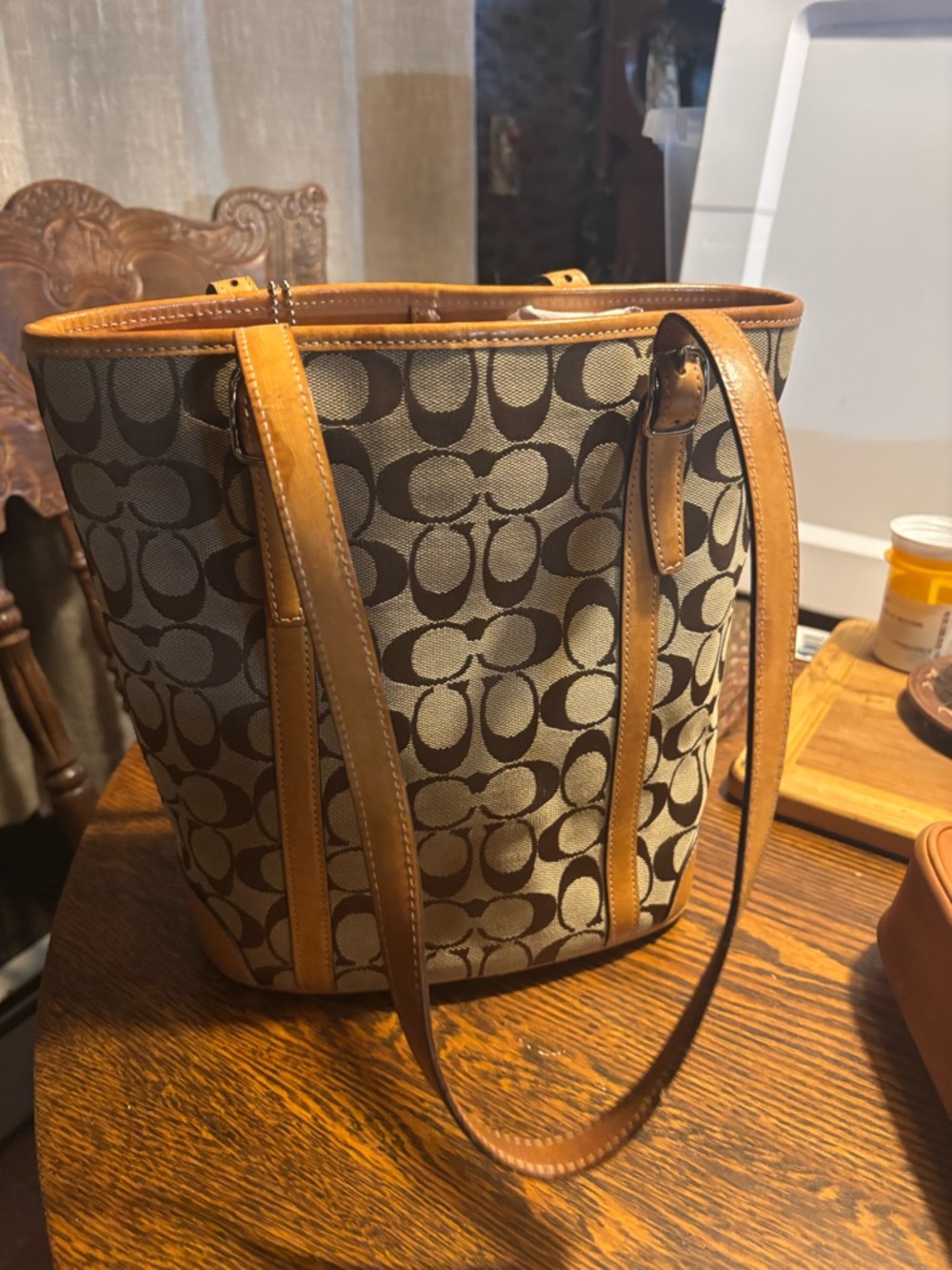 Coach Khaki Canvas Tote with Chestnut Leather Trim